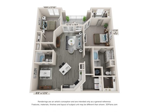 Floor plan for 2 beds, 2 baths, 1329 sqft